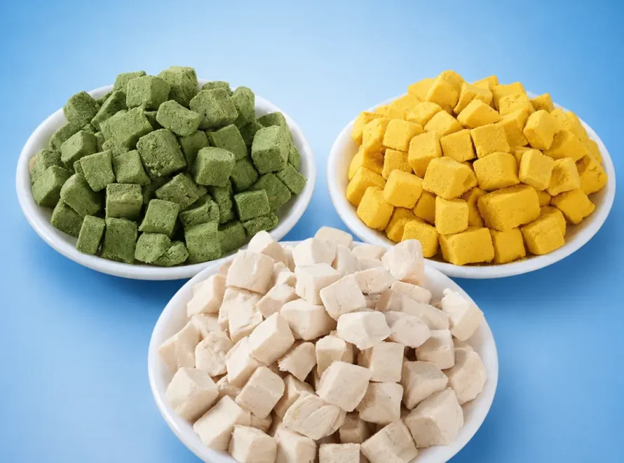 Three bowls of green, yellow and white freeze-dried cubes shown in this pet food guide.