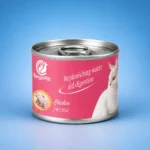 Chicken cat food can with a flavor label on a blue background.