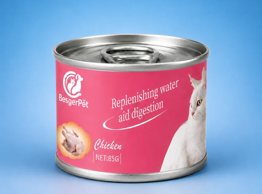 Chicken cat food can with a flavor label on a blue background.