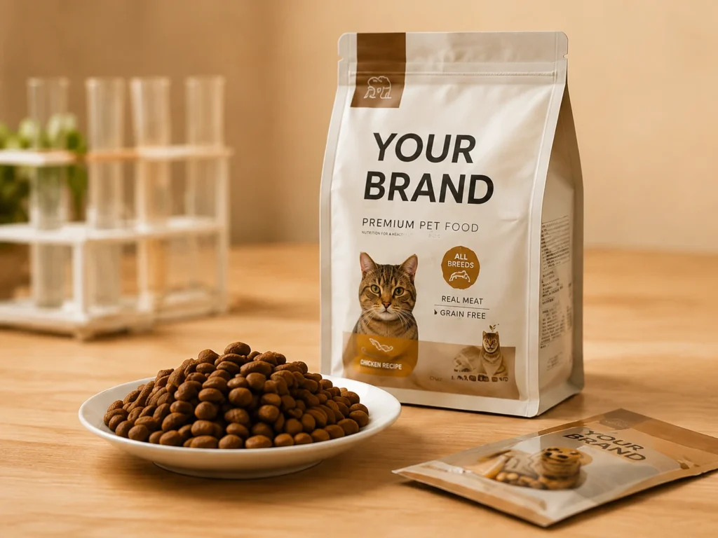 Custom pet food packaging concept with a bowl of kibble and a sample pouch.