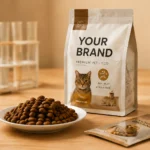 Custom pet food packaging concept with a bowl of kibble and a sample pouch.