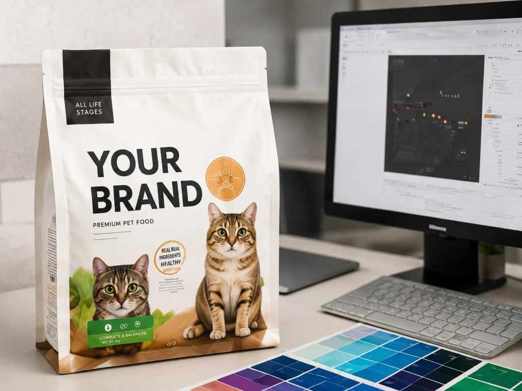 Pet food packaging design concept beside a computer and colour swatches.