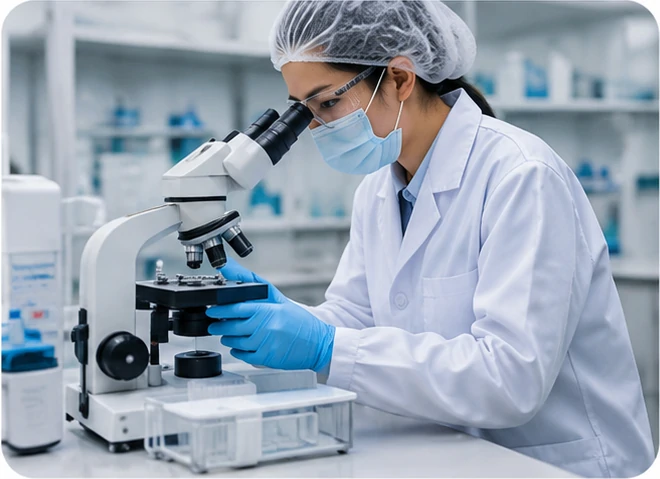 Laboratory technician using a microscope while wearing gloves, a mask and a hair cover.