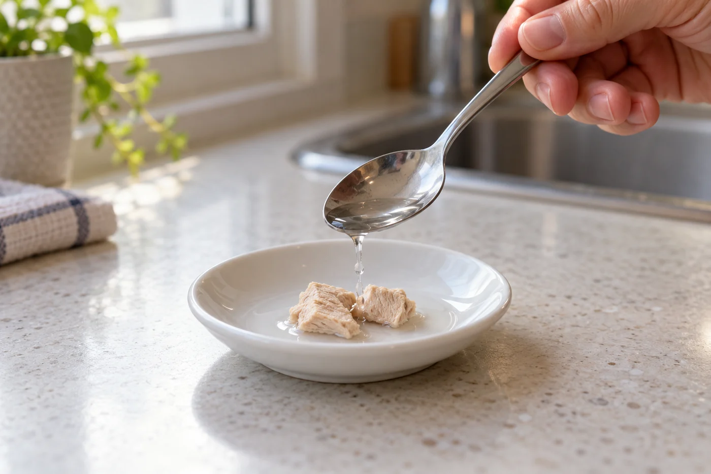 A teaspoon adds a little water to two small freeze-dried chicken fragments in a separate shallow dish