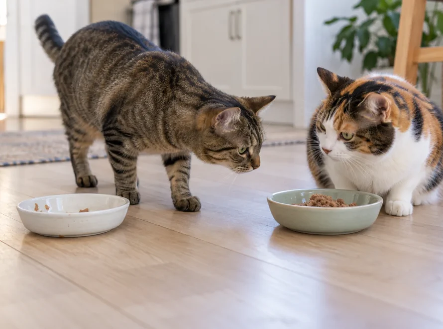 A tabby cat leaves its nearly empty bowl and approaches a calico cat's wet food
