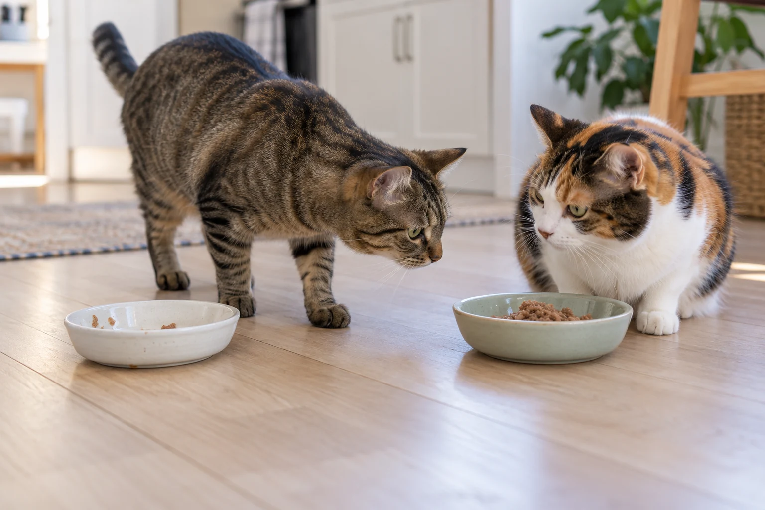 A tabby cat leaves its nearly empty bowl and approaches a calico cat's wet food