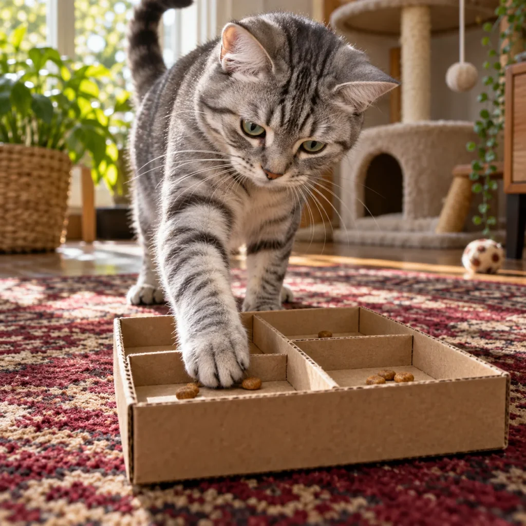 Gray tabby reaching into a shallow cardboard food puzzle to retrieve kibble