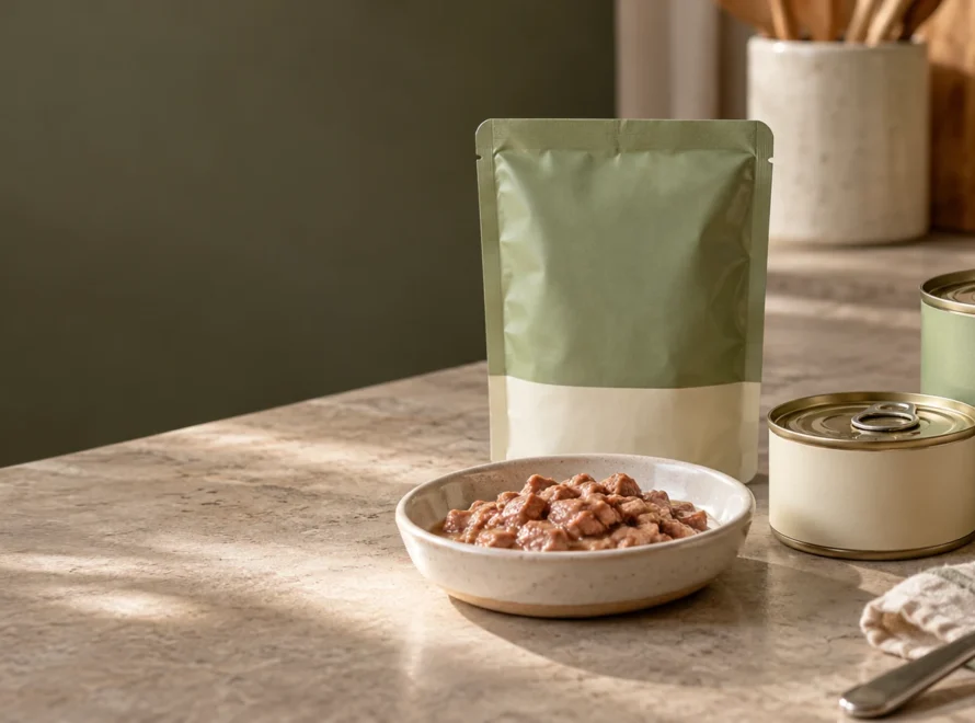 Cat food pouches vs cans displayed together on a kitchen counter