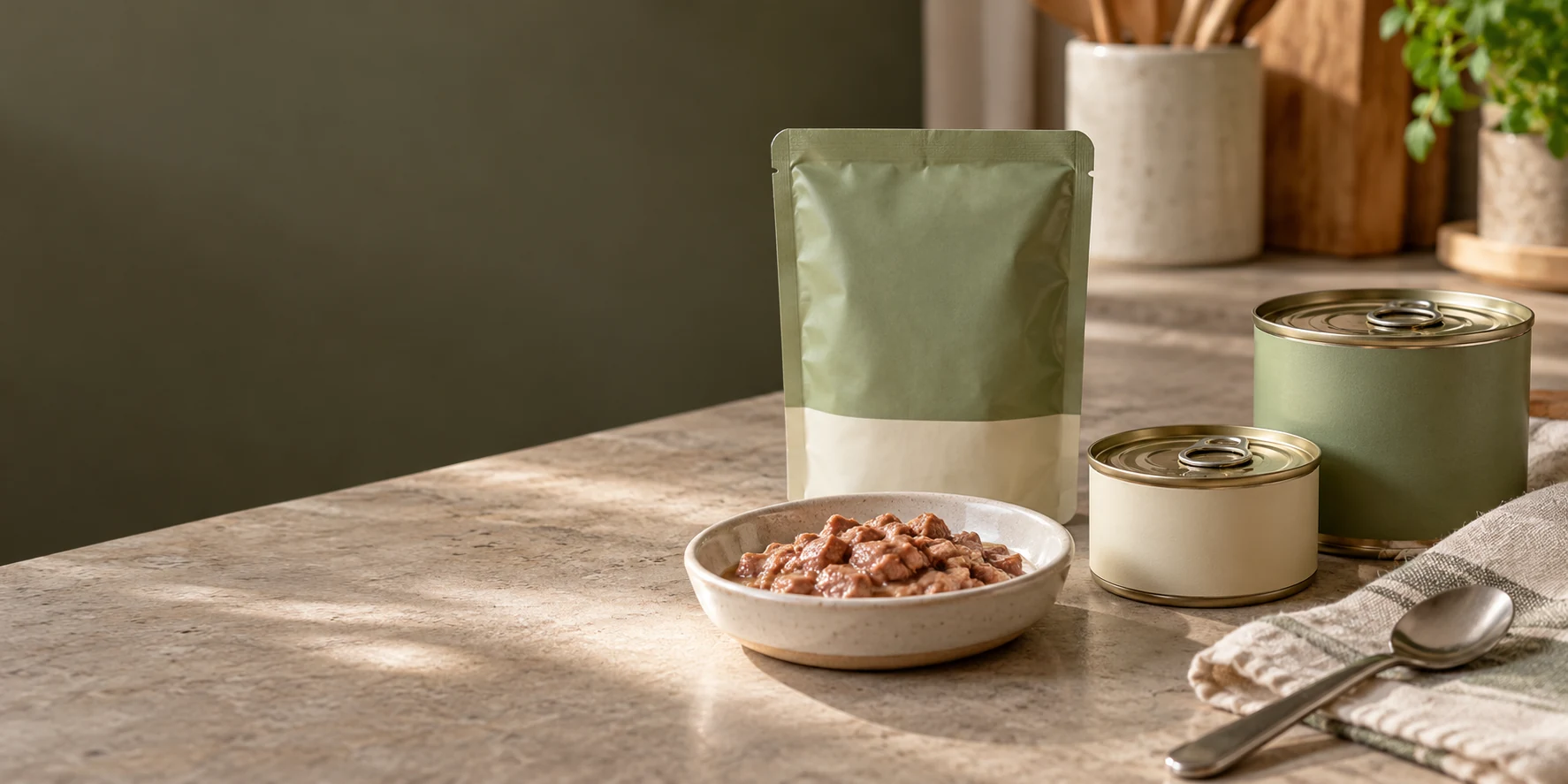 Cat food pouches vs cans displayed together on a kitchen counter