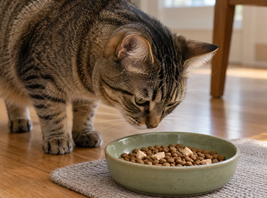 A tabby cat sniffs its usual kibble with a few freeze-dried chicken crumbs in a shallow dish