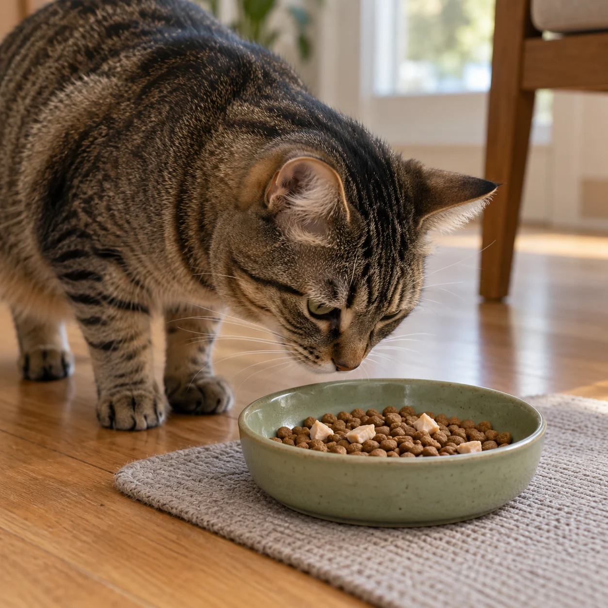 A tabby cat sniffs its usual kibble with a few freeze-dried chicken crumbs in a shallow dish