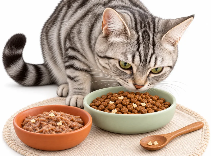 A silver tabby beside dry and wet cat food with a few freeze-dried topper crumbs