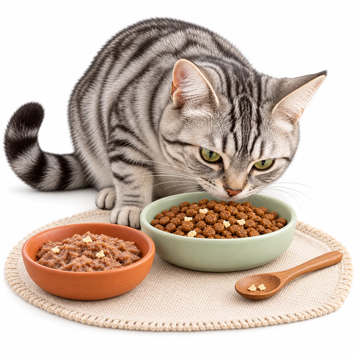 A silver tabby beside dry and wet cat food with a few freeze-dried topper crumbs