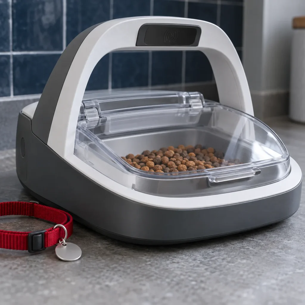 Close-up of a covered cat feeder and a collar with an identification tag