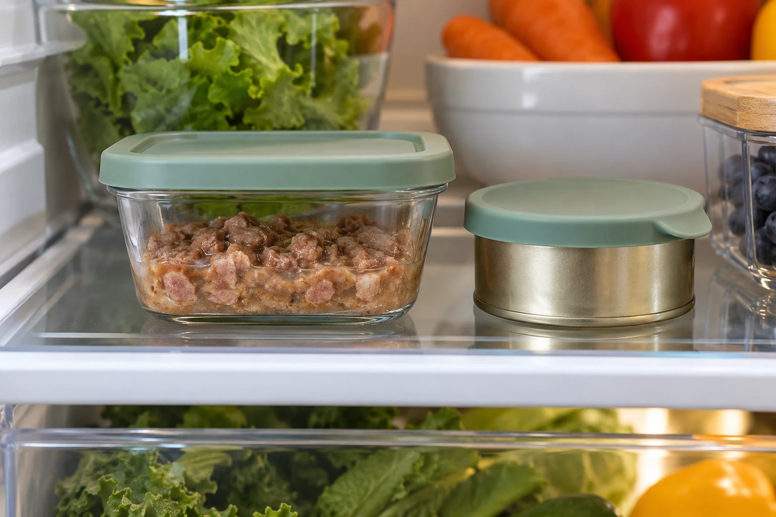 Unused wet cat food stored in a covered container and a tightly covered can in a refrigerator