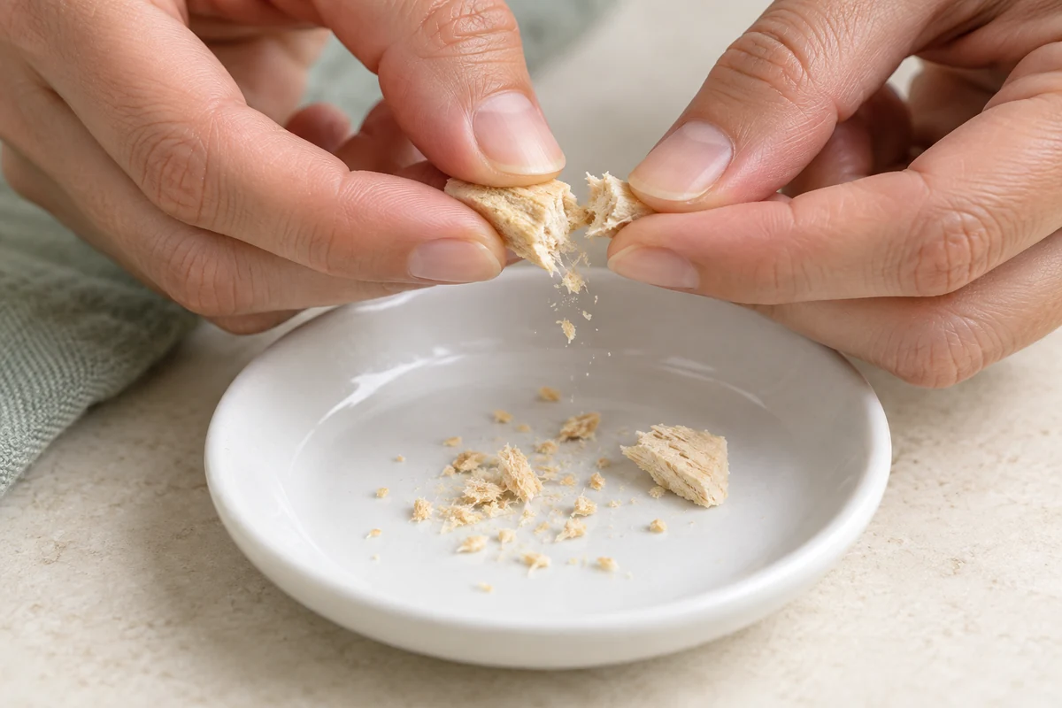 Hands breaking a freeze-dried chicken flake into fine crumbs over a small dish