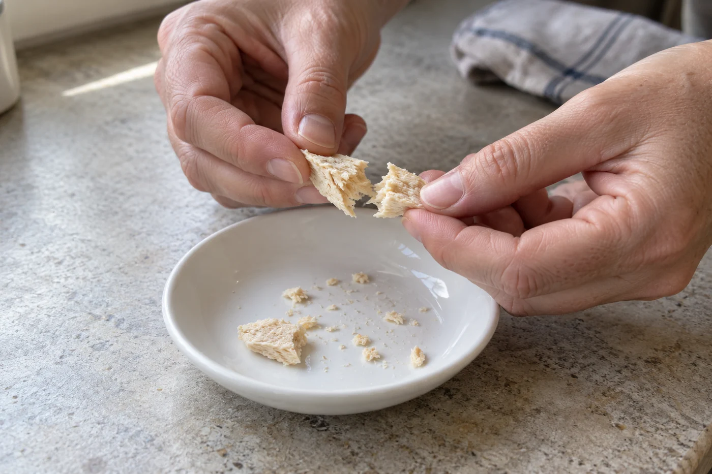 Hands gently break a small freeze-dried chicken piece over a dish containing fine crumbs and one intact fragment