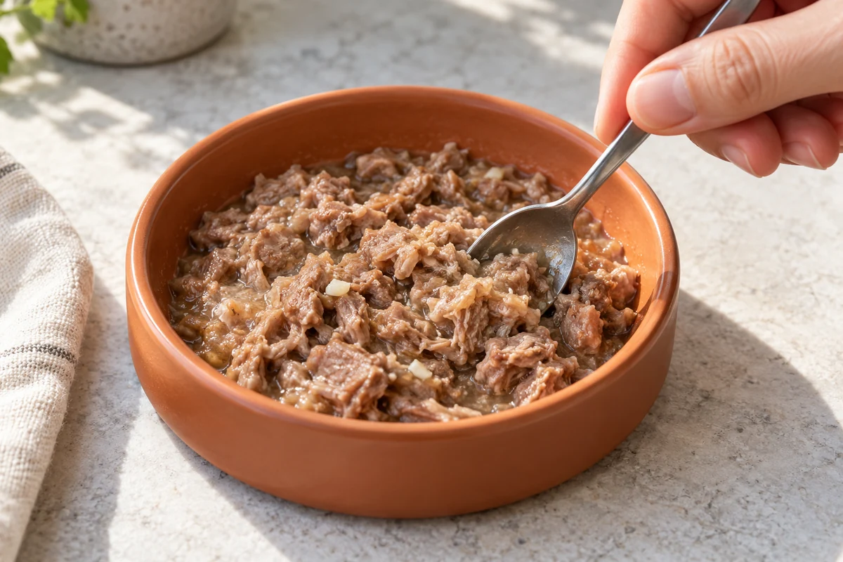 A spoon folding a small topper portion into wet cat food in a terracotta bowl