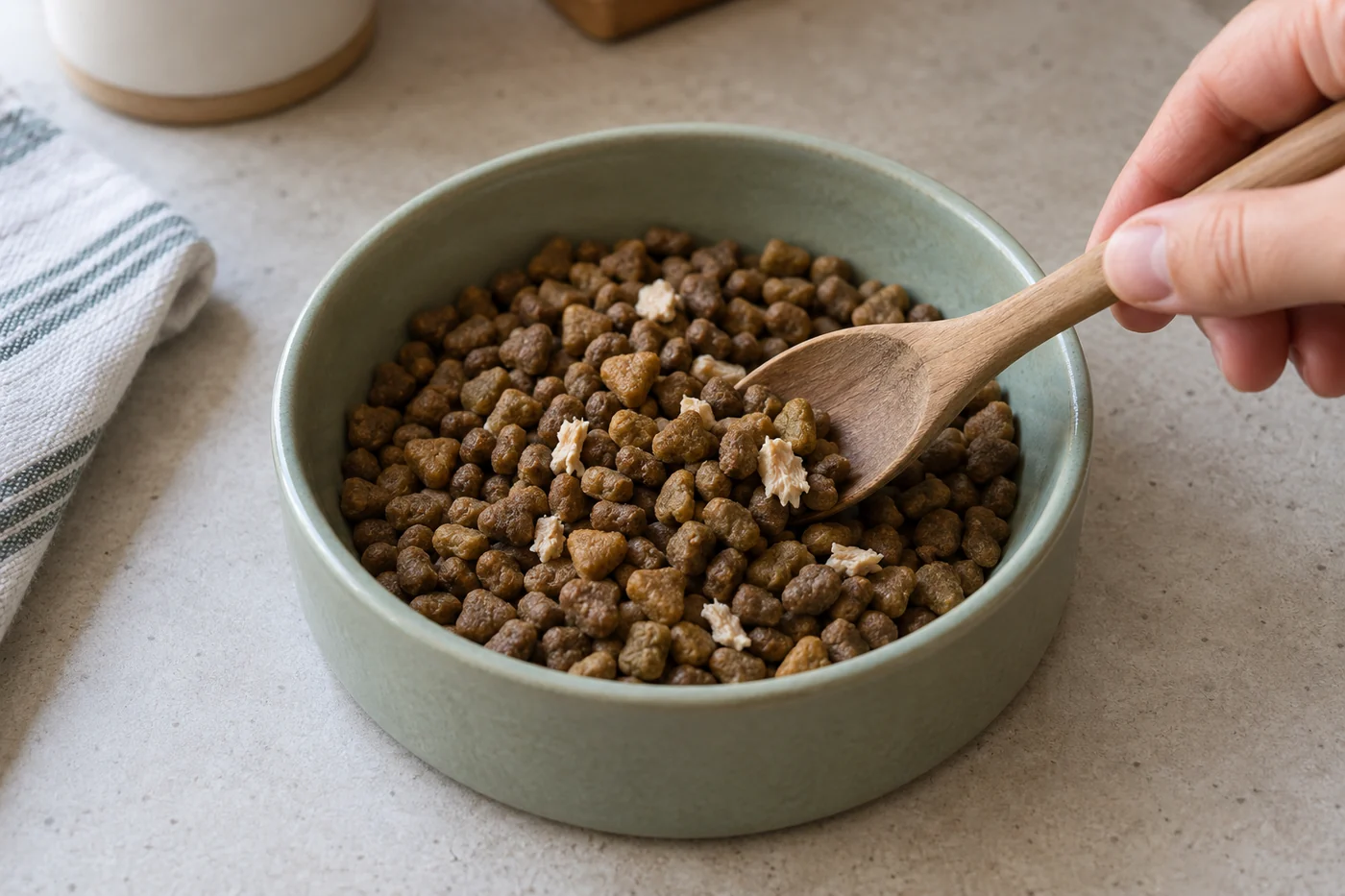 A spoon gently turns brown kibble with a few fine freeze-dried chicken crumbs in a shallow green bowl