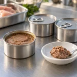 Canned cat food in open and sealed cans beside a sample of pate