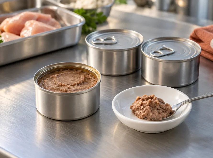 Canned cat food in open and sealed cans beside a sample of pate
