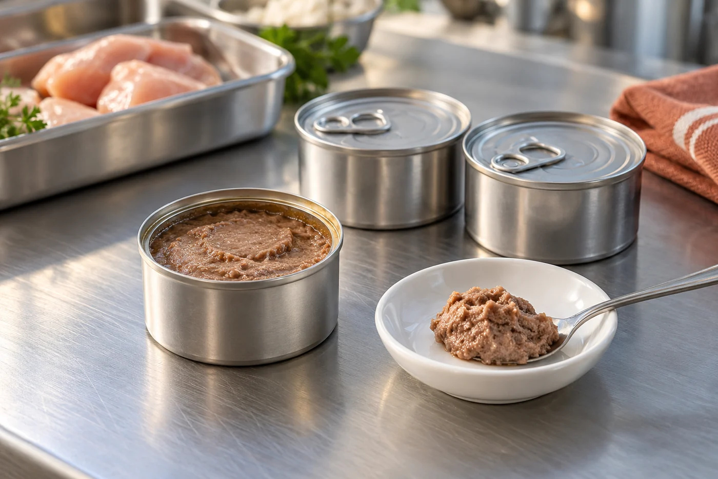 Canned cat food in open and sealed cans beside a sample of pate