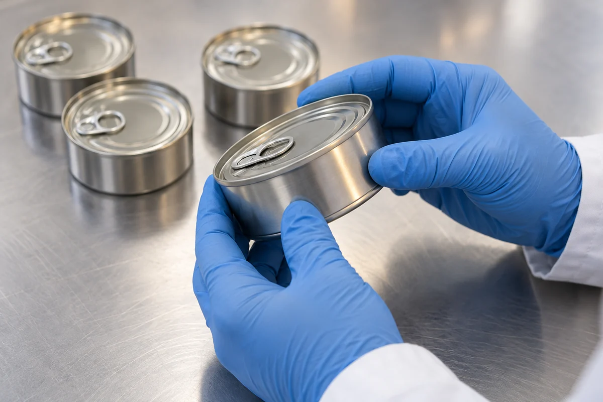 Gloved hands visually inspecting the lid rim and body of a sealed food can