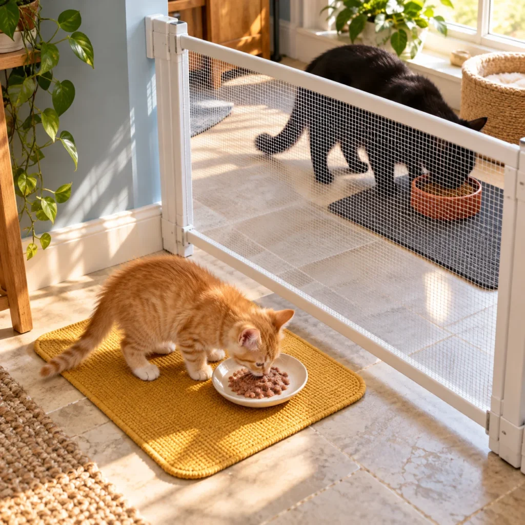 A kitten and an adult cat eating their own meals on opposite sides of a pet gate
