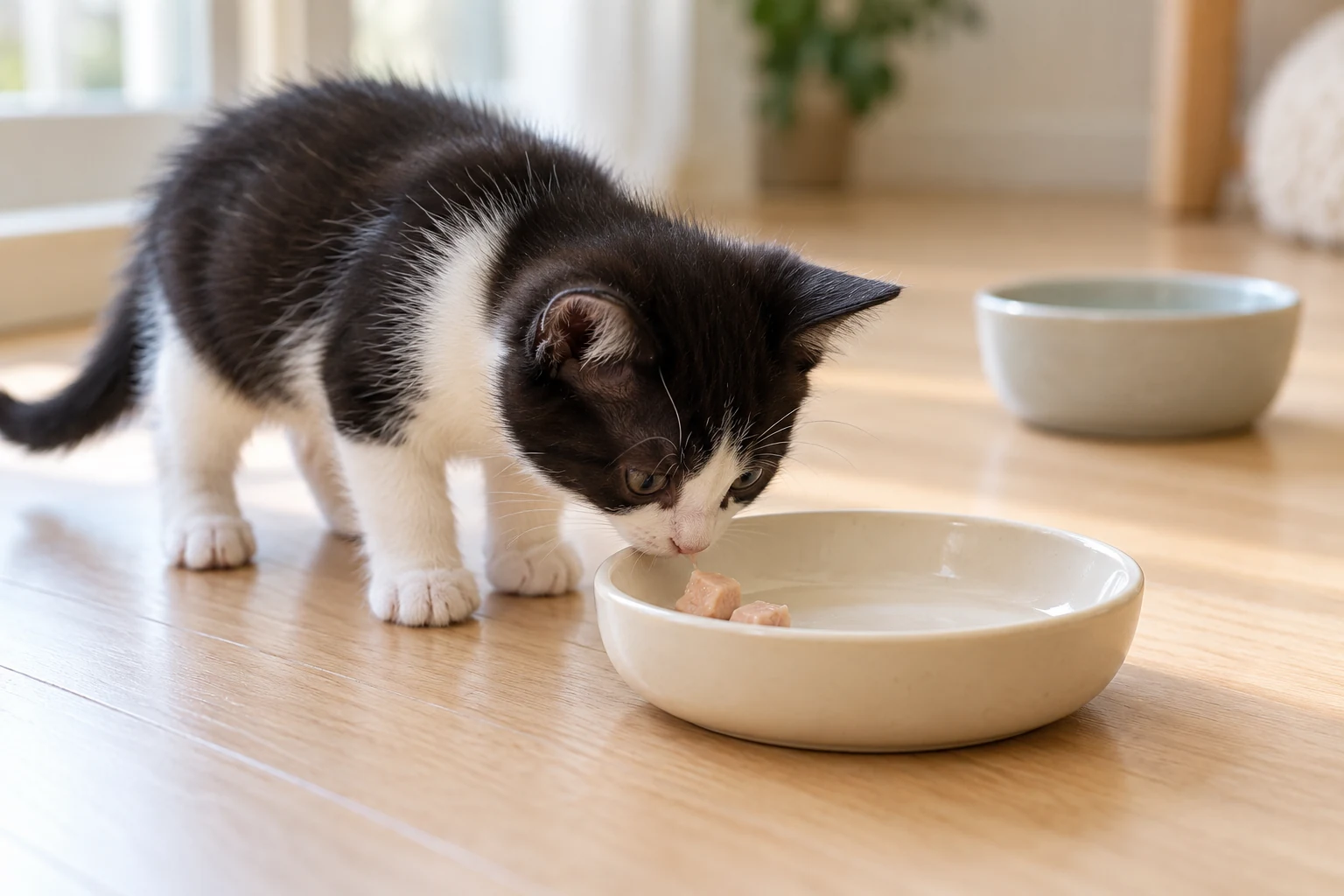 A black-and-white kitten sniffing small softened treat pieces in a shallow bowl.