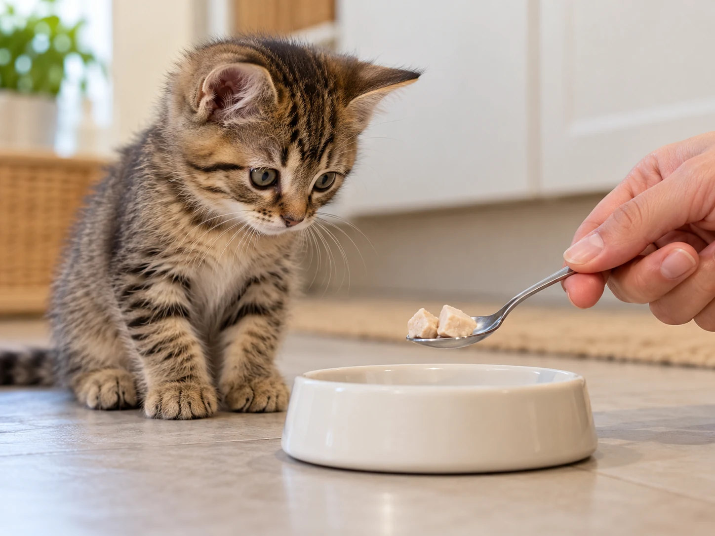 A tabby kitten watching a spoon with a small amount of freeze-dried treats beside a feeding bowl.