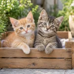 An orange kitten and a tabby kitten sitting in a wooden crate on a garden patio.