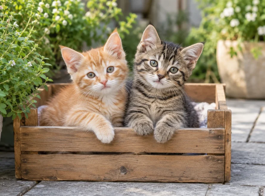 An orange kitten and a tabby kitten sitting in a wooden crate on a garden patio.