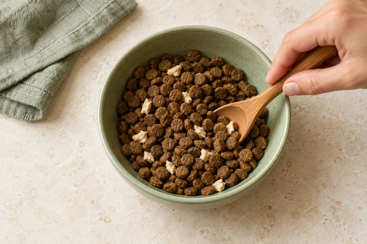 A spoon turning brown kibble with sparse freeze-dried chicken flakes in a green bowl
