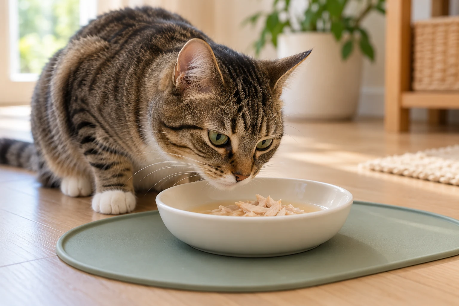A tabby cat beside a shallow bowl containing shredded wet food and broth