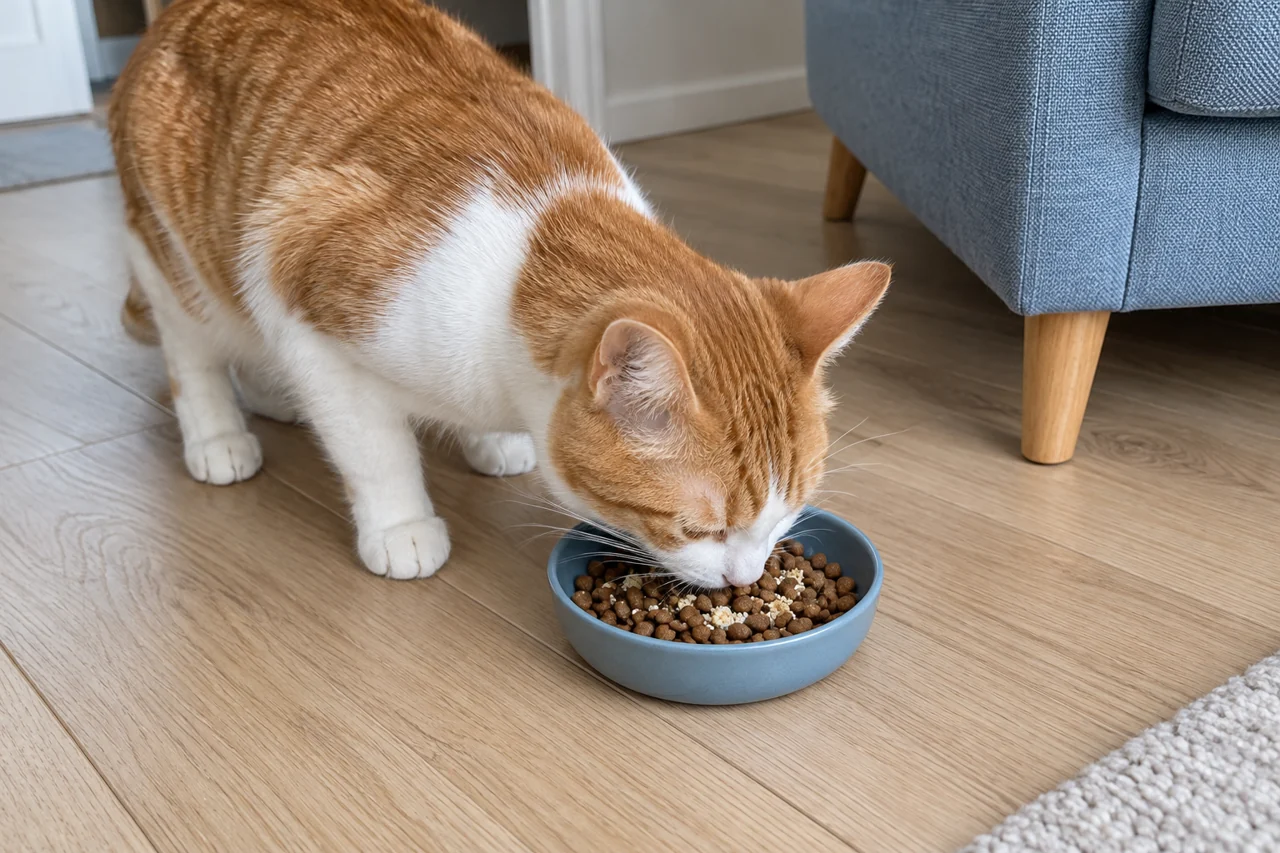 A ginger-and-white cat eating the main kibble meal from a blue bowl