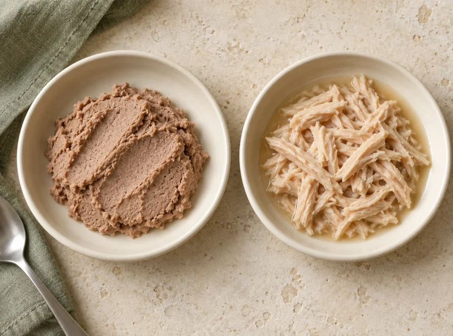 Pate vs shredded cat food in two shallow bowls, showing a smooth mash and distinct strands