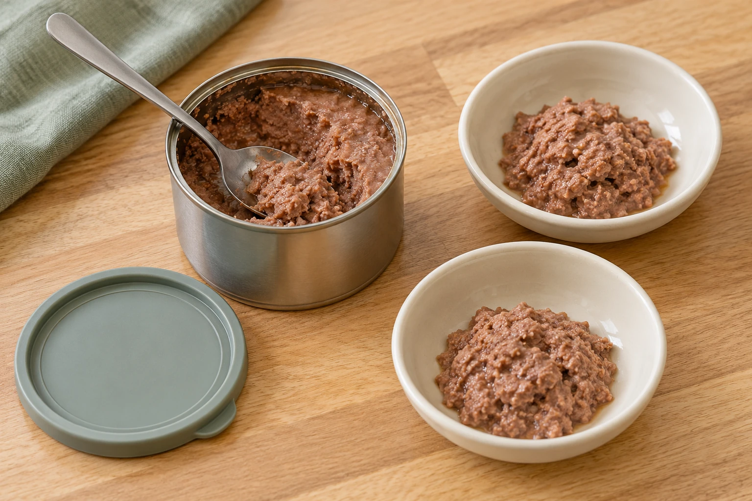 Open wet cat food can with a serving spoon beside two portioned bowls
