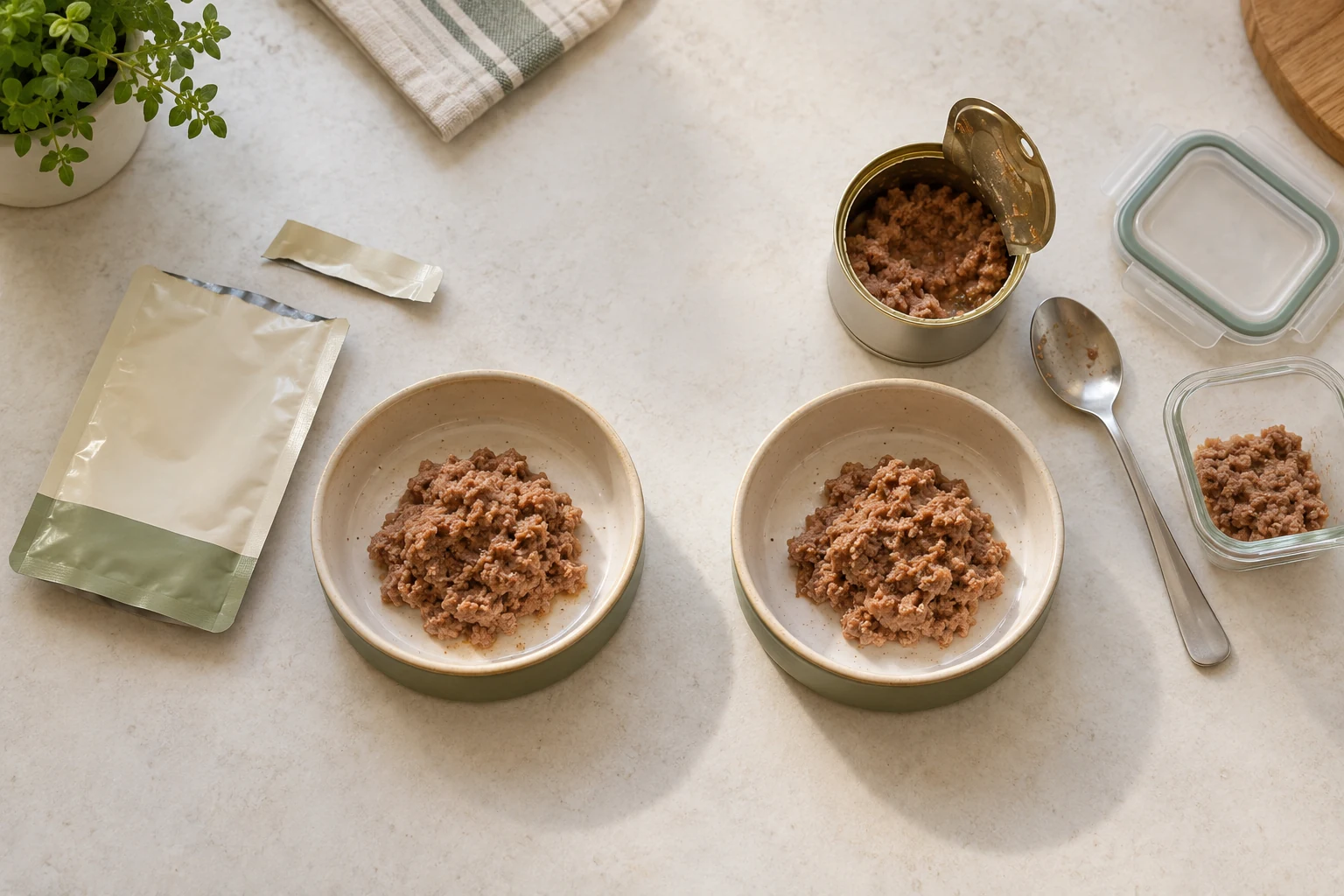 Wet cat food portioned into two bowls beside a pouch, an open can and a storage container