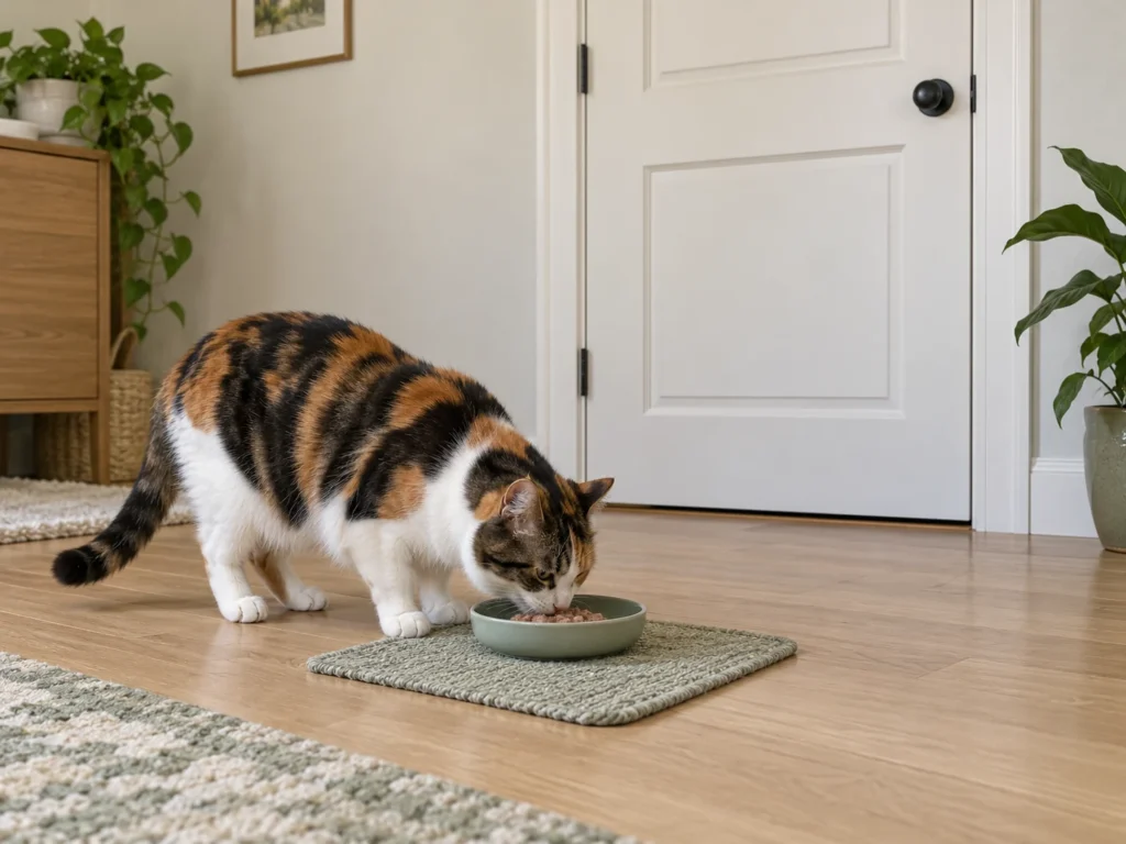 A calico cat eats from its own shallow dish in a quiet room with the door fully closed
