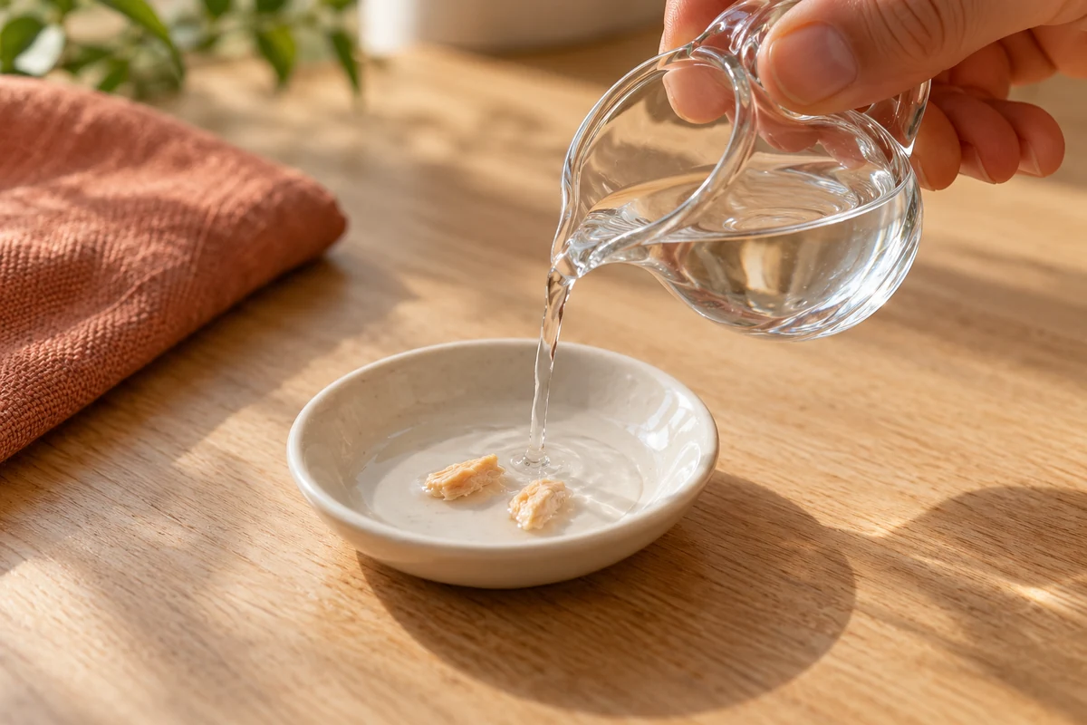 A thin stream of water added to two small freeze-dried fragments in a separate saucer