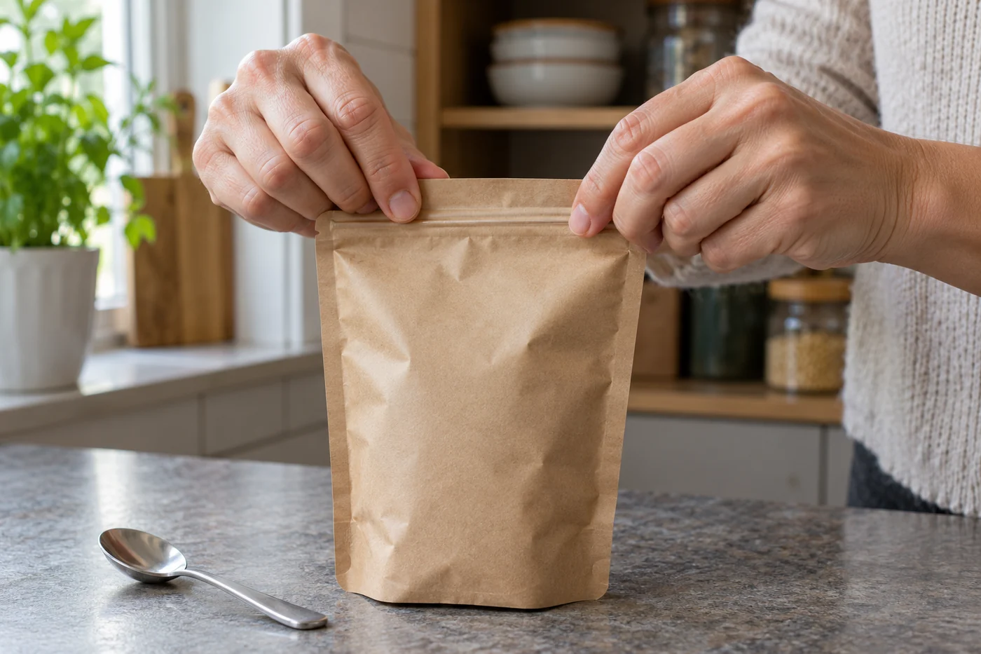 Hands press a dry treat pouch's zipper closed beside a clean dry spoon on a kitchen counter
