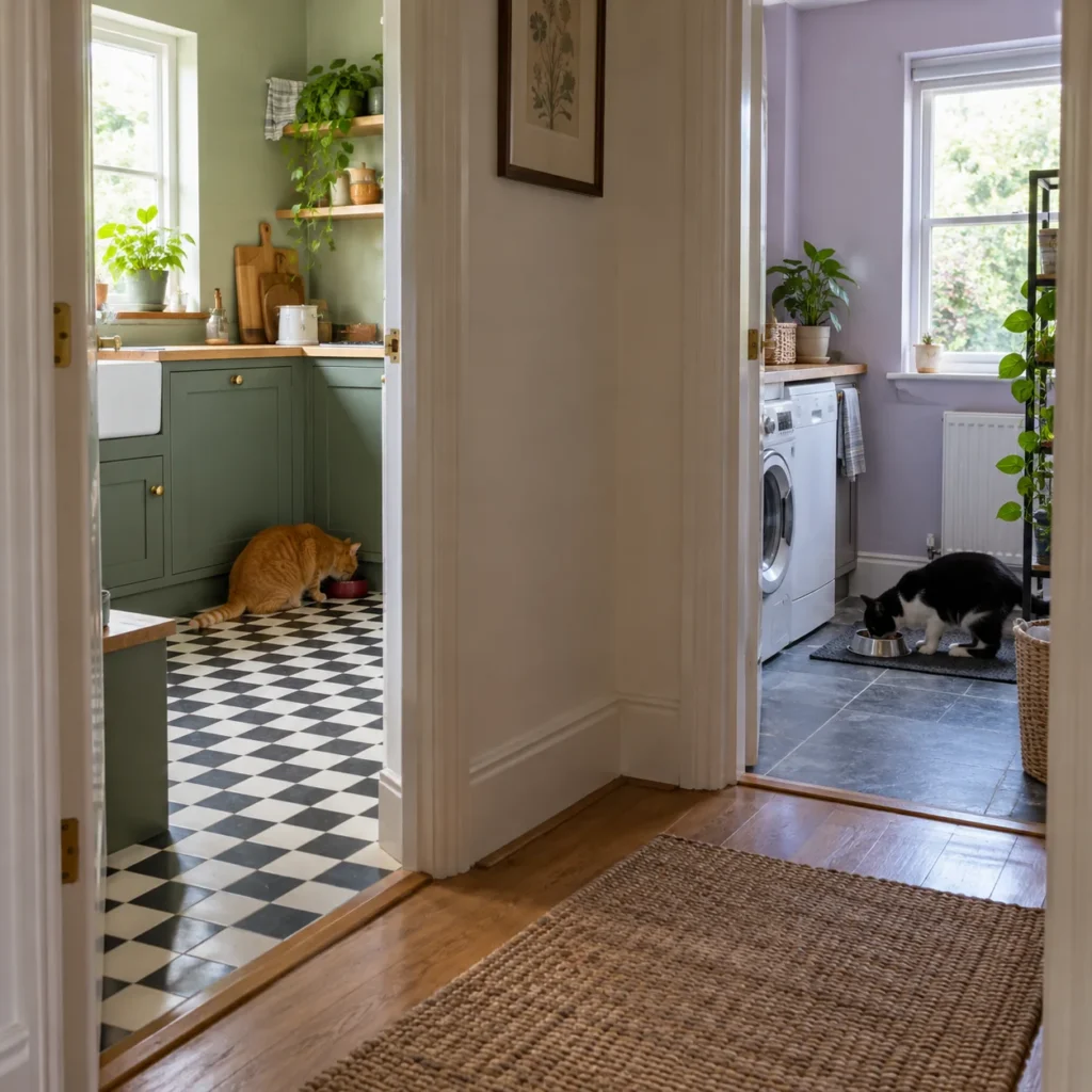 Two cats eating at feeding stations in separate rooms divided by interior walls