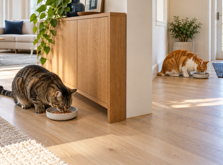 Two adult cats eating from separate bowls on opposite sides of a solid room divider.