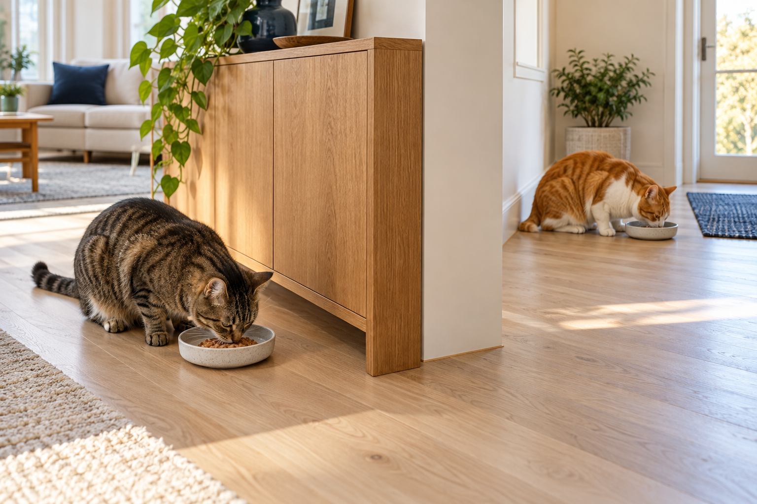 Two adult cats eating from separate bowls on opposite sides of a solid room divider.