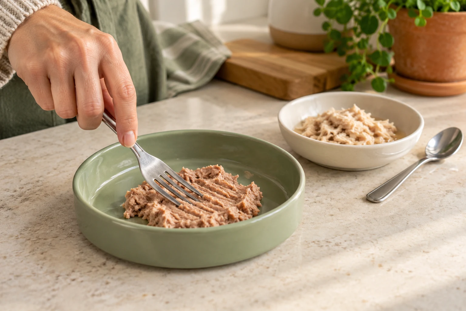 A hand gently mashing a small portion of p&acirc;t&eacute; with a fork beside a dish of shredded cat food
