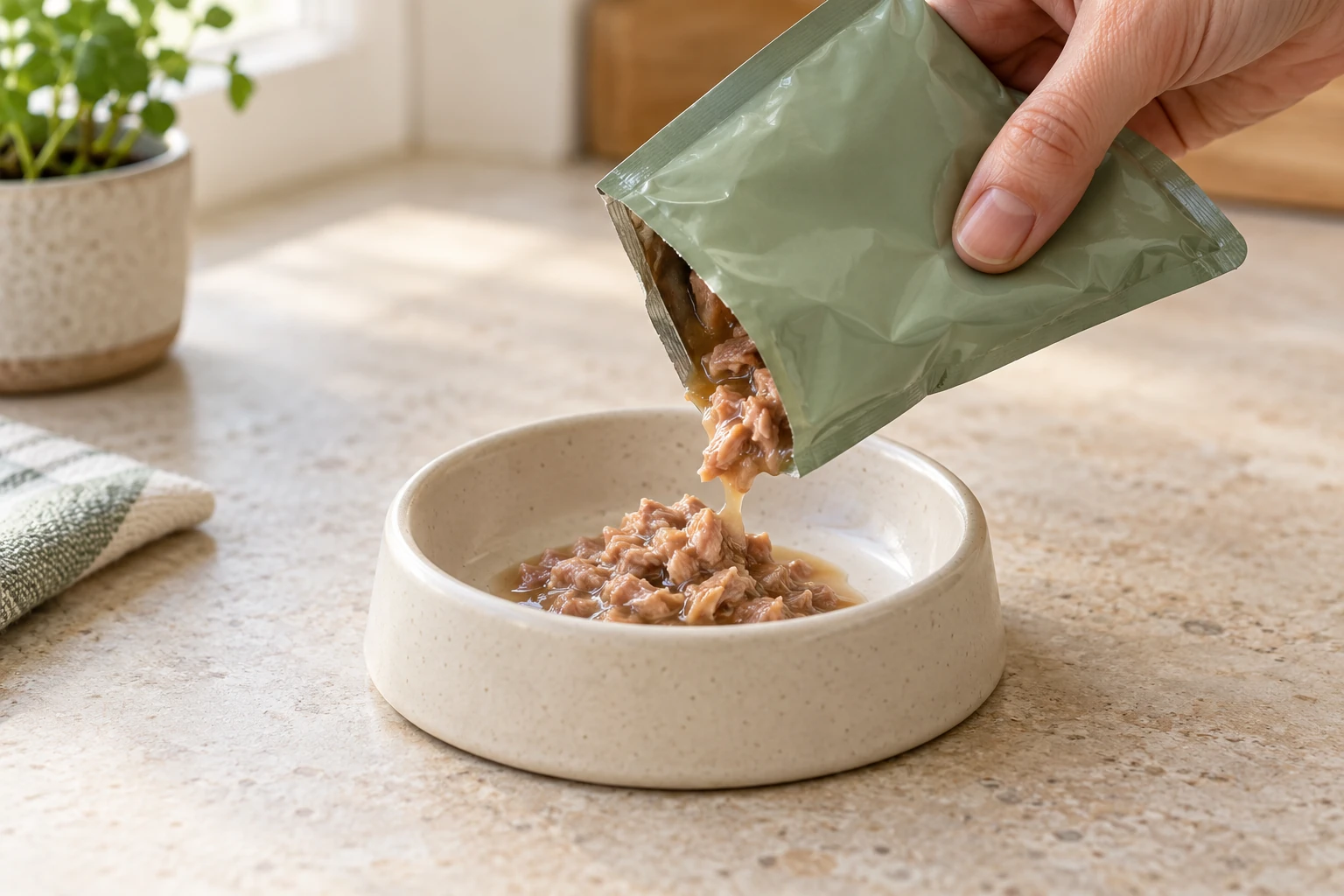 Wet cat food being served from a flexible pouch into a bowl