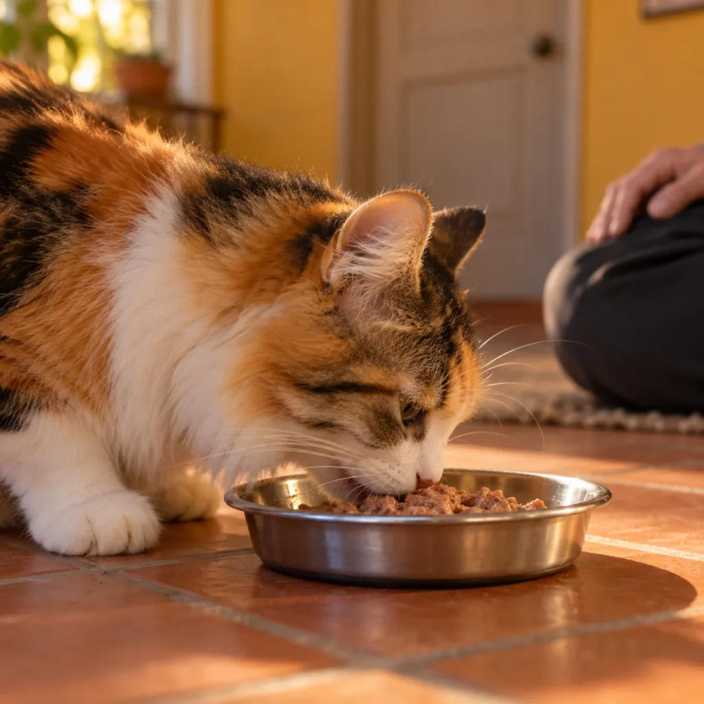 Side view of a calico cat eating calmly while a caregiver supervises nearby