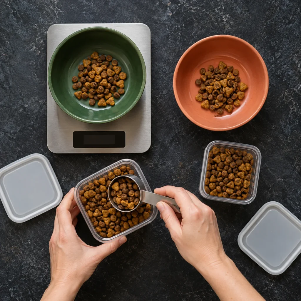 Overhead view of measured cat-food portions, a kitchen scale and two individual bowls