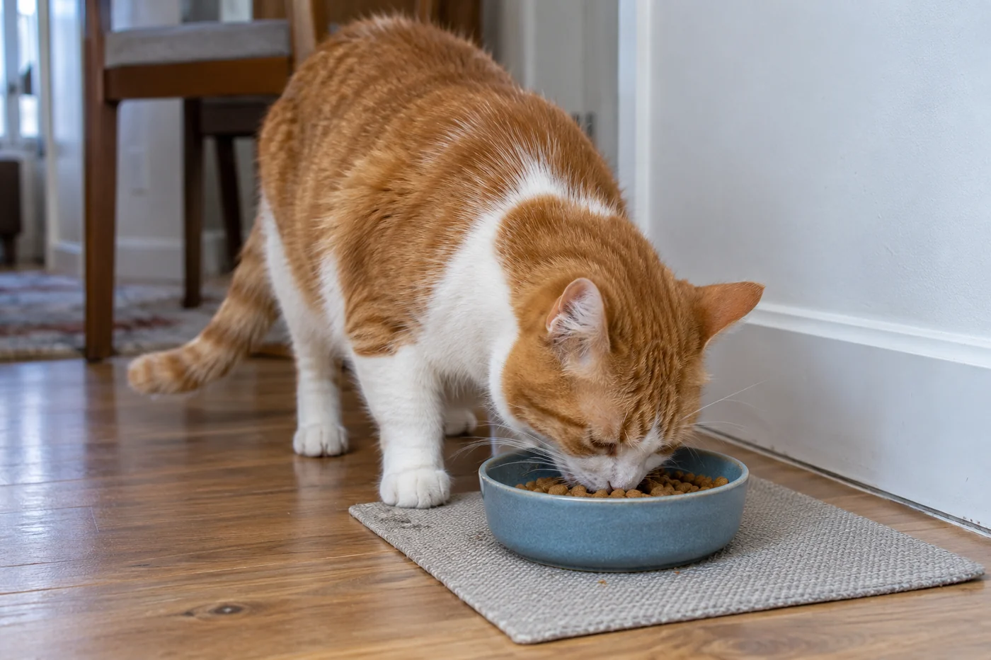 A ginger-and-white cat calmly eats its usual main food from a shallow blue bowl in a quiet home