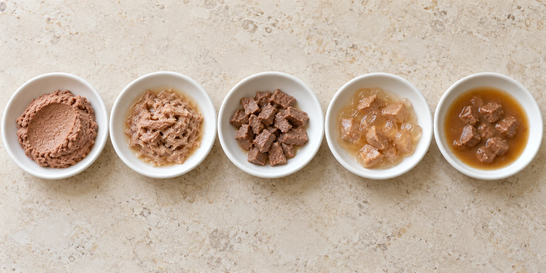 Wet cat food textures in pouches and cans: pâté, shreds, chunks, jelly and gravy